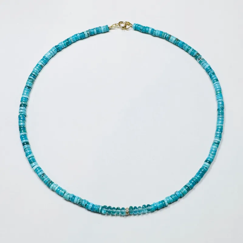 turquoise, apatite, and diamond barrel necklace sold by Theodosia