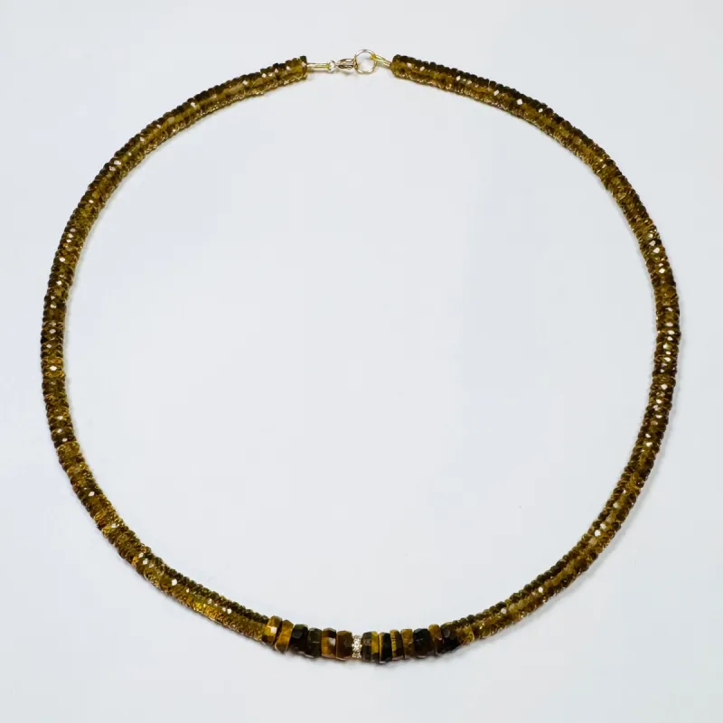 whiskey quartz heishi necklace with tigers eye and diamond barrel made by Theodosia