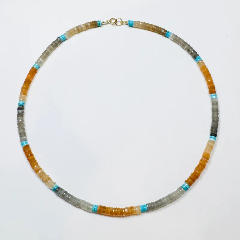 shaded peach and gray moonstone heishi with turquoise pop sold by Theodosia