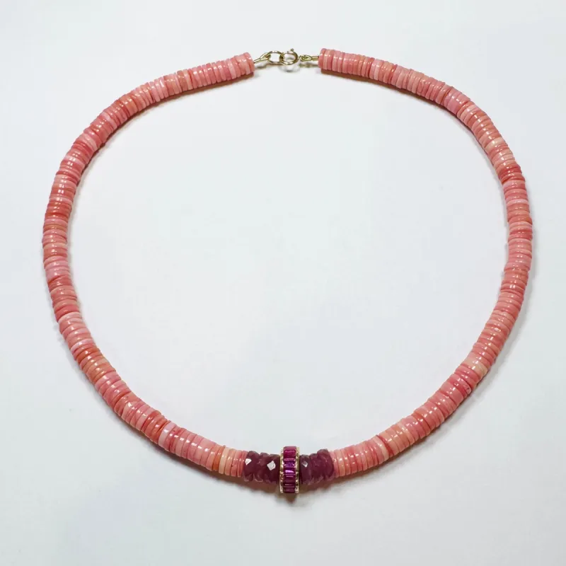 Ruby barrel bead conch necklace made by Theodosia