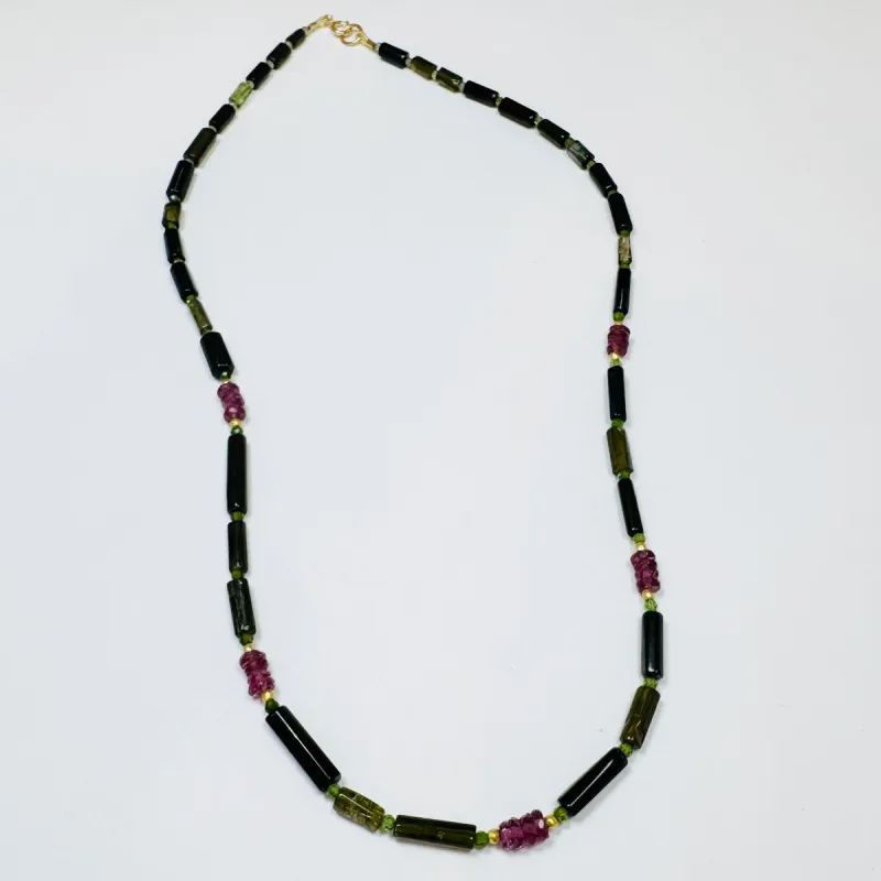 tube tourmaline necklace with garnet heishi, five station sold by Theodosia