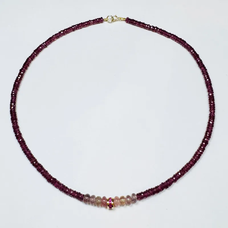 garnet necklace with sapphire with ruby bead sold by Theodosia