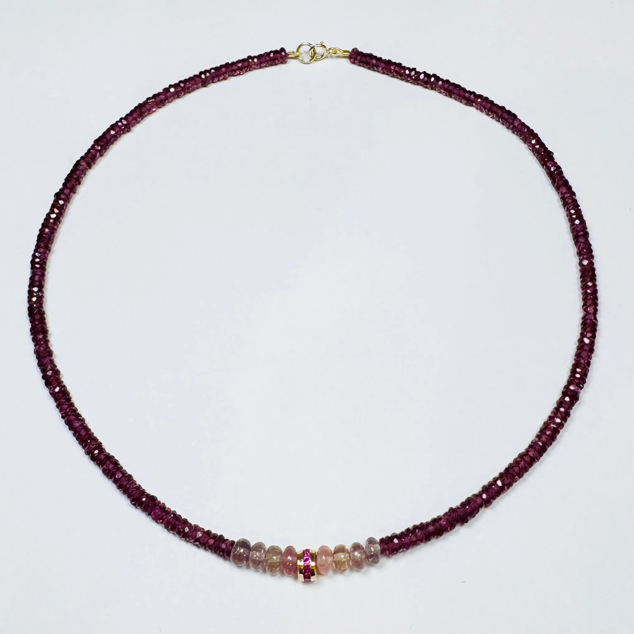 garnet necklace with sapphire with ruby bead sold by Theodosia