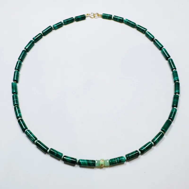 malachite, chrysoprase, and diamond barrel bead necklace sold by Theodosia