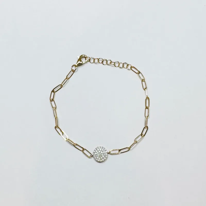 diamond disc on paperclip bracelet sold by Theodosia
