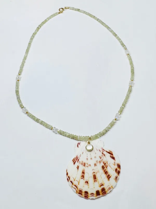 prehnite necklace with shell pendant sold by Theodosia