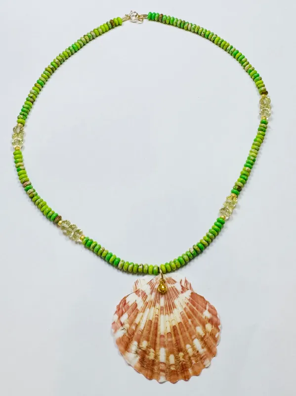 green turquoise necklace with shell pendant sold by Theodosia