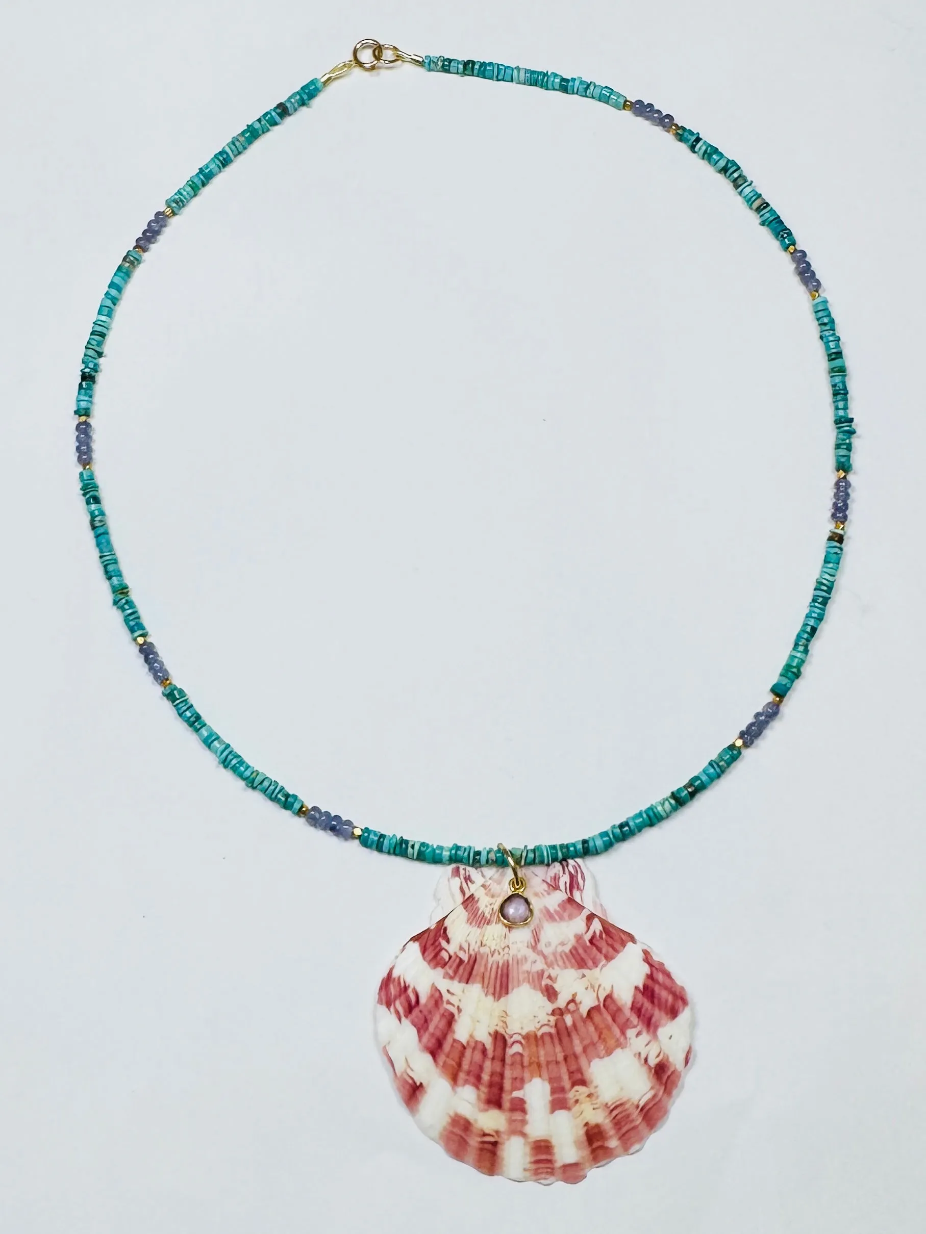 turquoise necklace with shell pendant sold by Theodosia