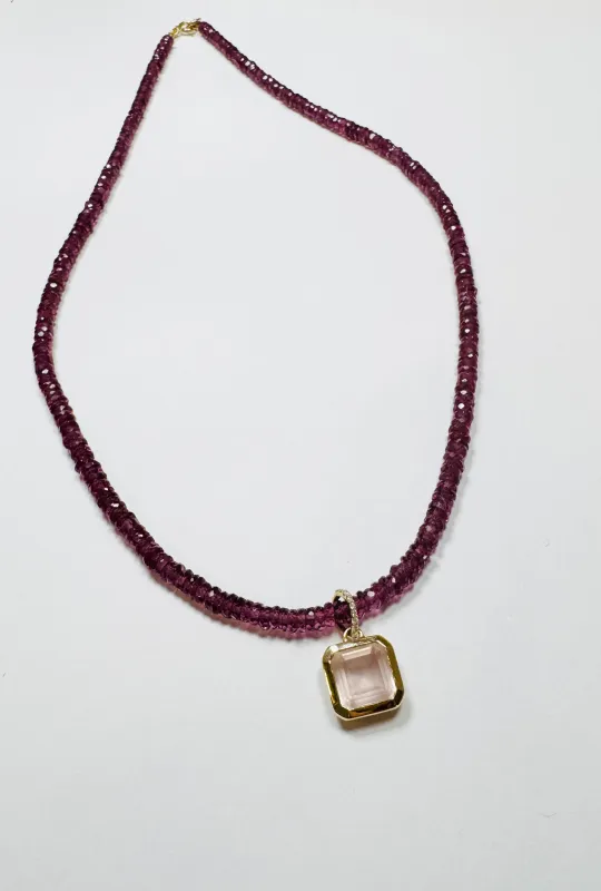 pillow cut rose quartz on garnet made by Theodosia