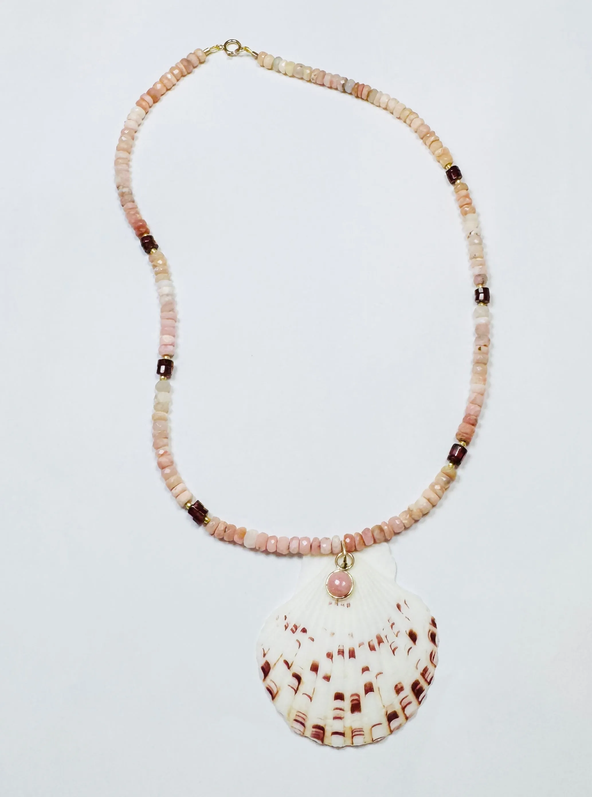 pink opal necklace with shell pendant sold by Theodosia