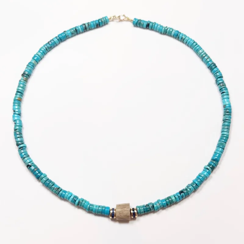 sapphire channel set bead on turquoise and apatite necklace sold by Theodosia
