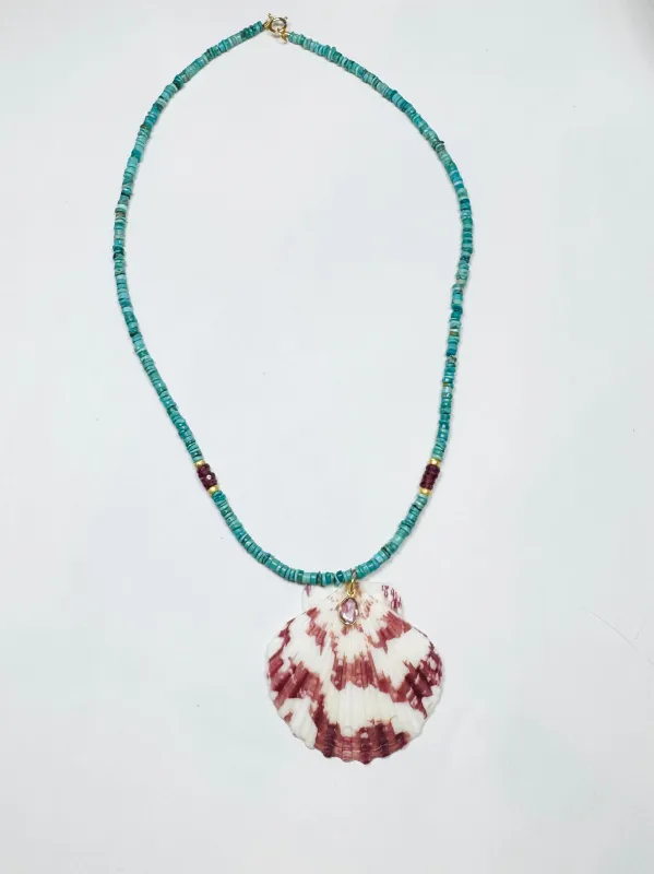 turquoise and strawberry quartz necklace with shell pendant sold by Theodosia