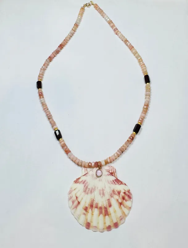 pink opal necklace with shell pendant sold by Theodosia