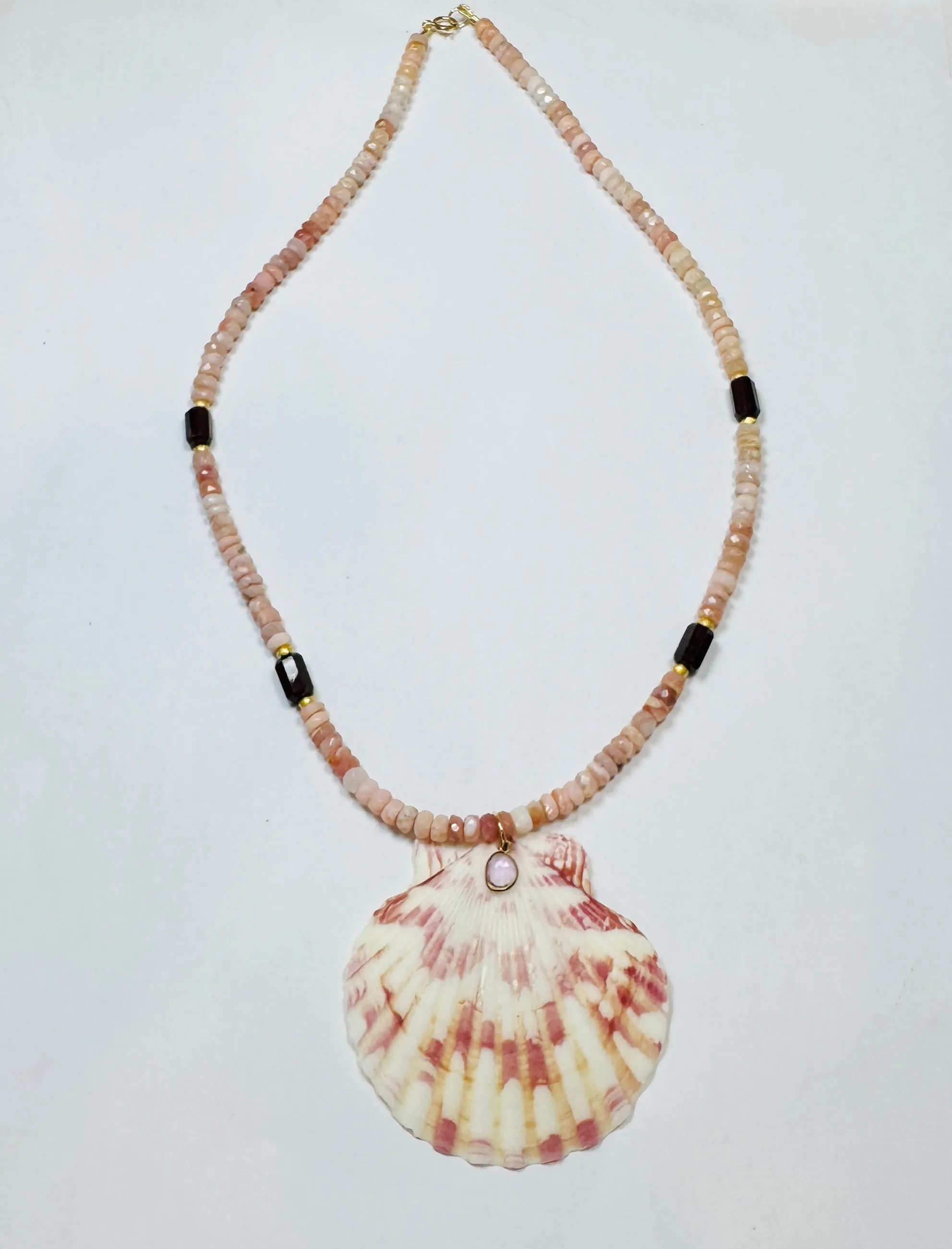 pink opal necklace with shell pendant sold by Theodosia