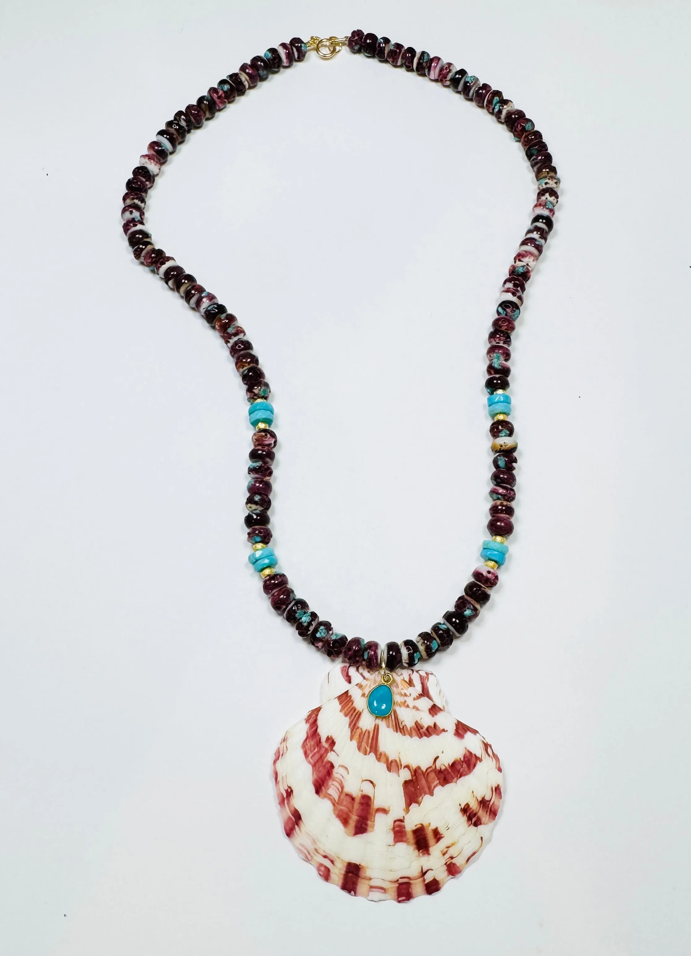 purple spiny oyster and turquoise necklace with shell pendant sold by Theodosia