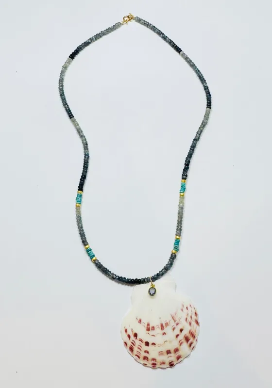 shaded blue sapphire and turquoise necklace with shell pendant sold by Theodosia