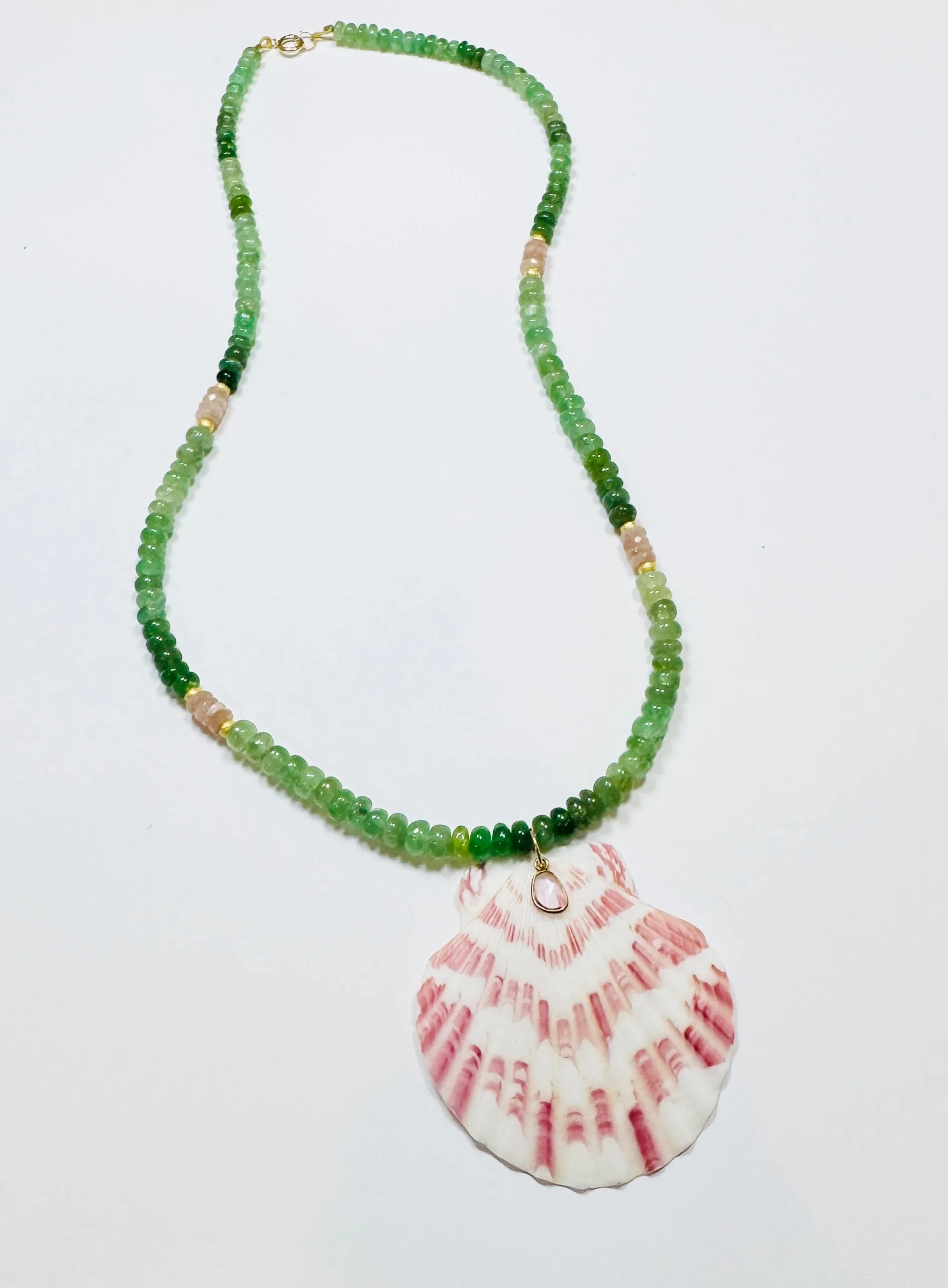 chrysoprase and peach moonstone necklace with shell pendant sold by Theodosia