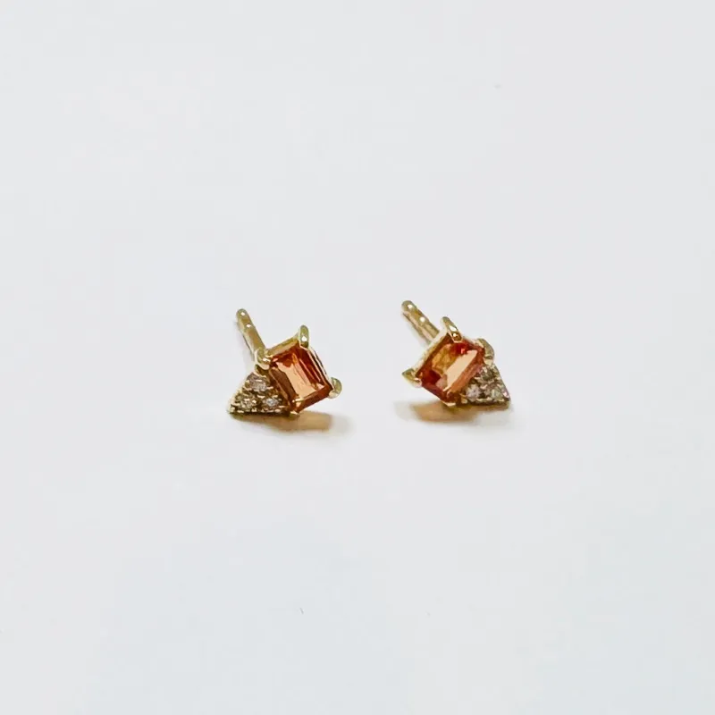 peach sapphire baguette and diamond cluster studs sold by Theodosia