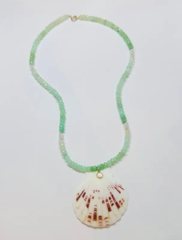 chrysoprase and rainbow moonstone necklace with shell pendant sold by Theodosia