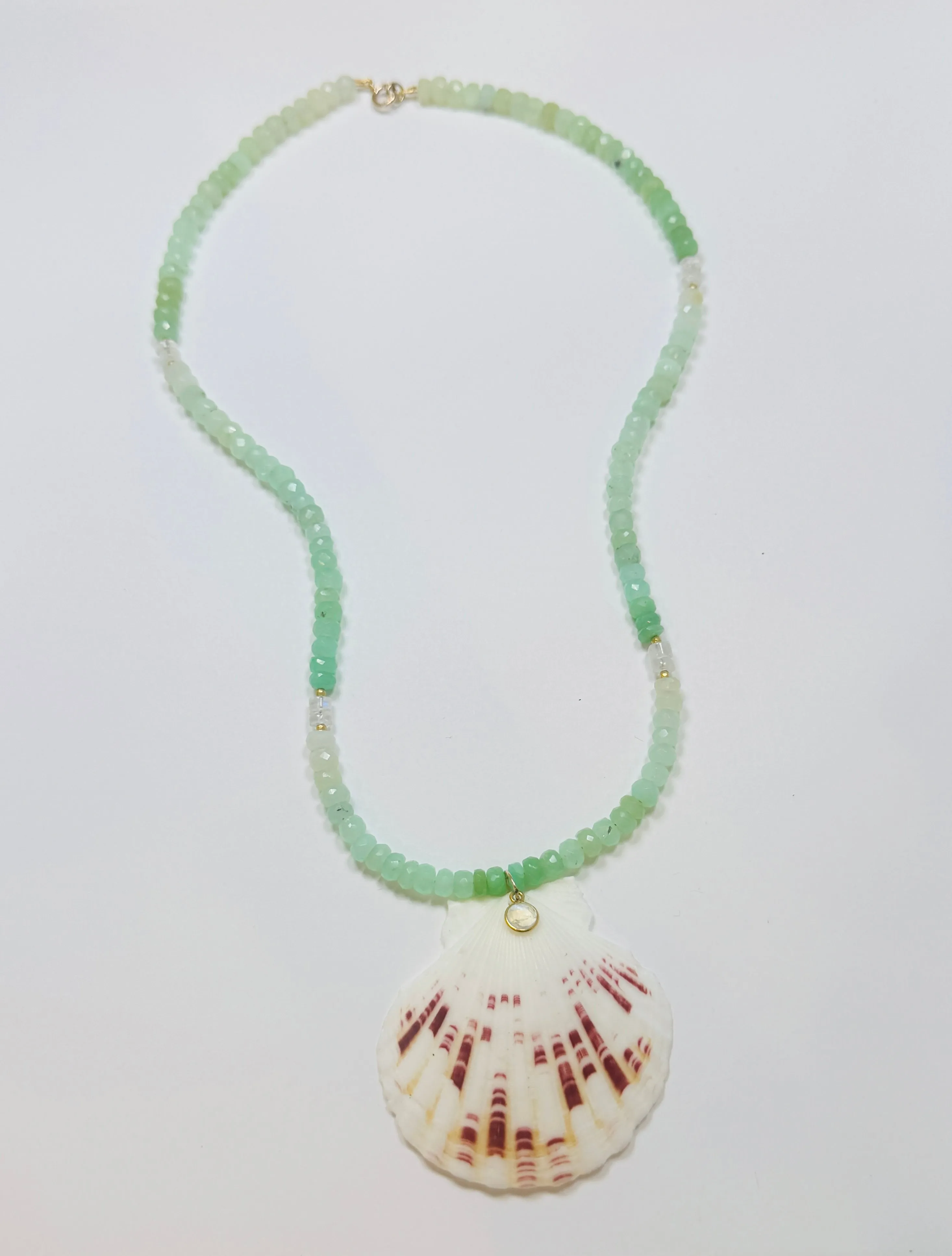 chrysoprase and rainbow moonstone necklace with shell pendant sold by Theodosia