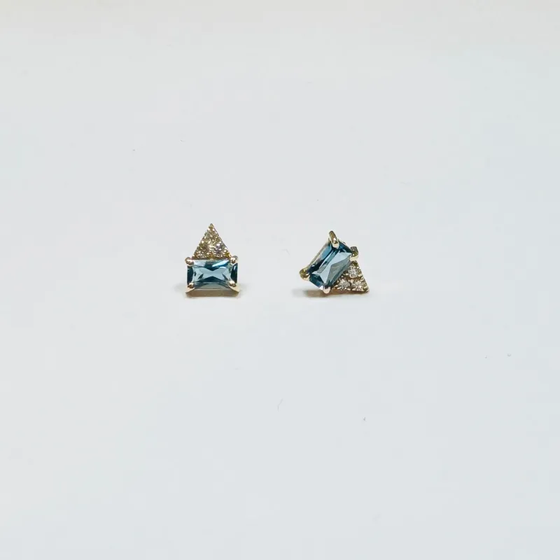 blue topaz baguette and diamond cluster studs sold by Theodosia