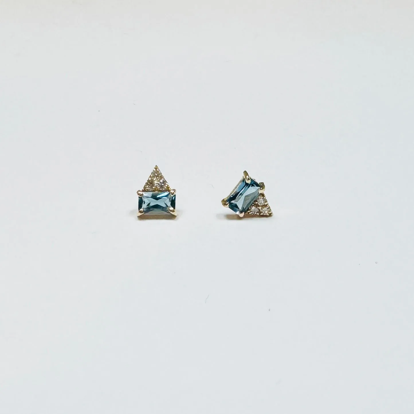 blue topaz baguette and diamond cluster studs sold by Theodosia