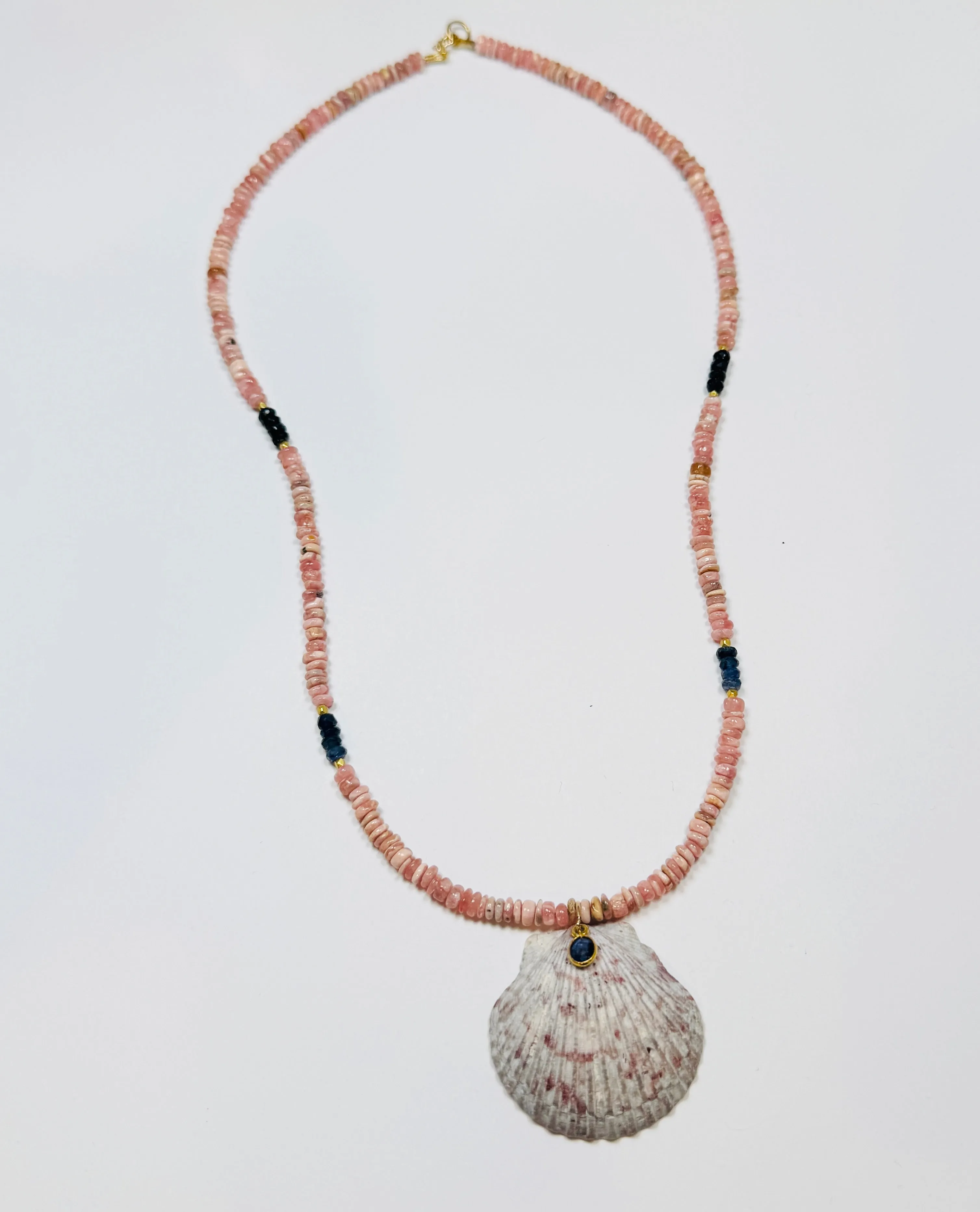 rhodochrosite and moonstone necklace with shell pendant sold by Theodosia