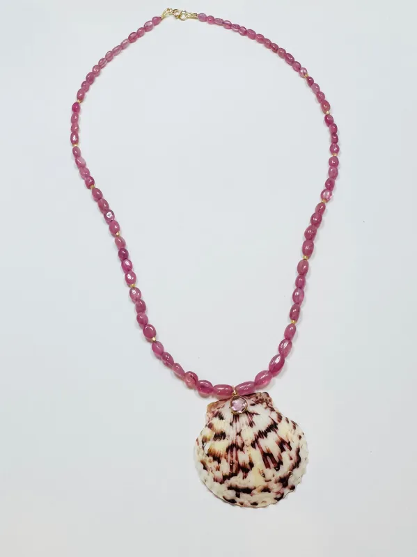 pink sapphire necklace with shell pendant sold by Theodosia
