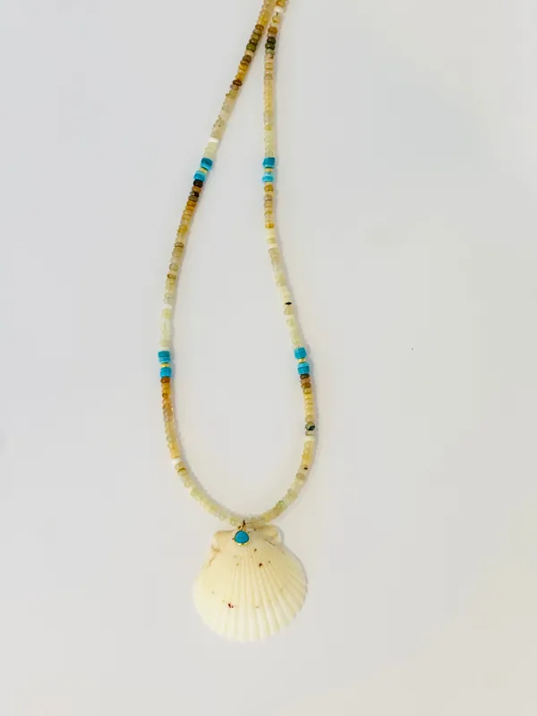 CN shaded yelow opal and turquoise necklace with shell pendant sold by Theodosia