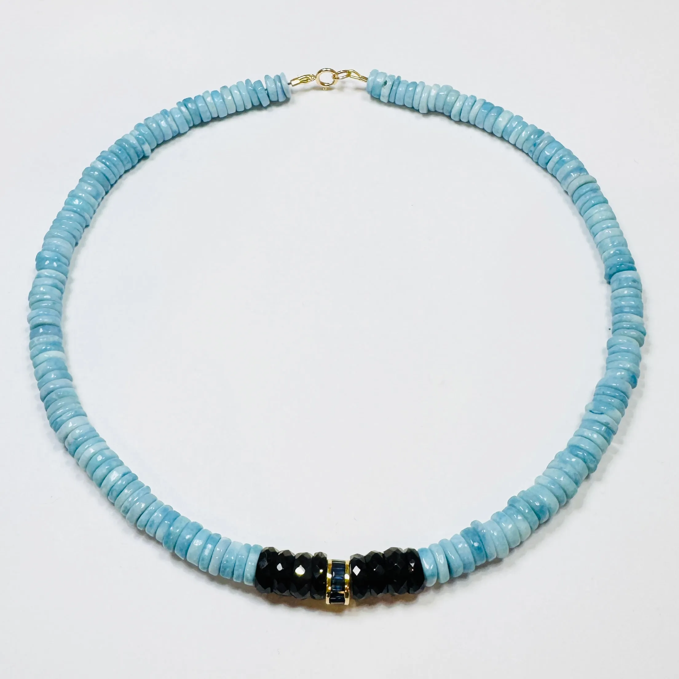 sapphire barrel and blue opal heishi necklace sold by Theodosia