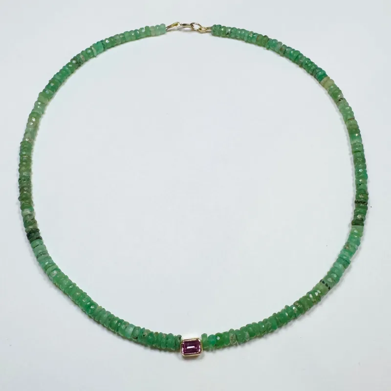 chrysoprase heishi necklace with bezel set pink tourmaline sold by Theodosia