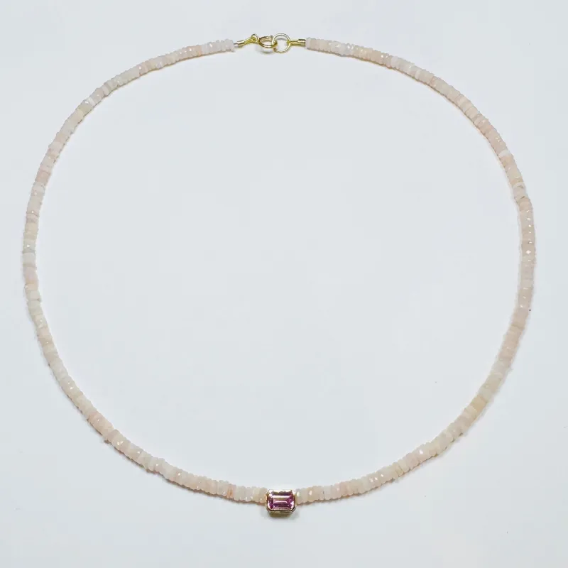 pink opal heishi necklace with bezel set pink tourmaline sold by Theodosia