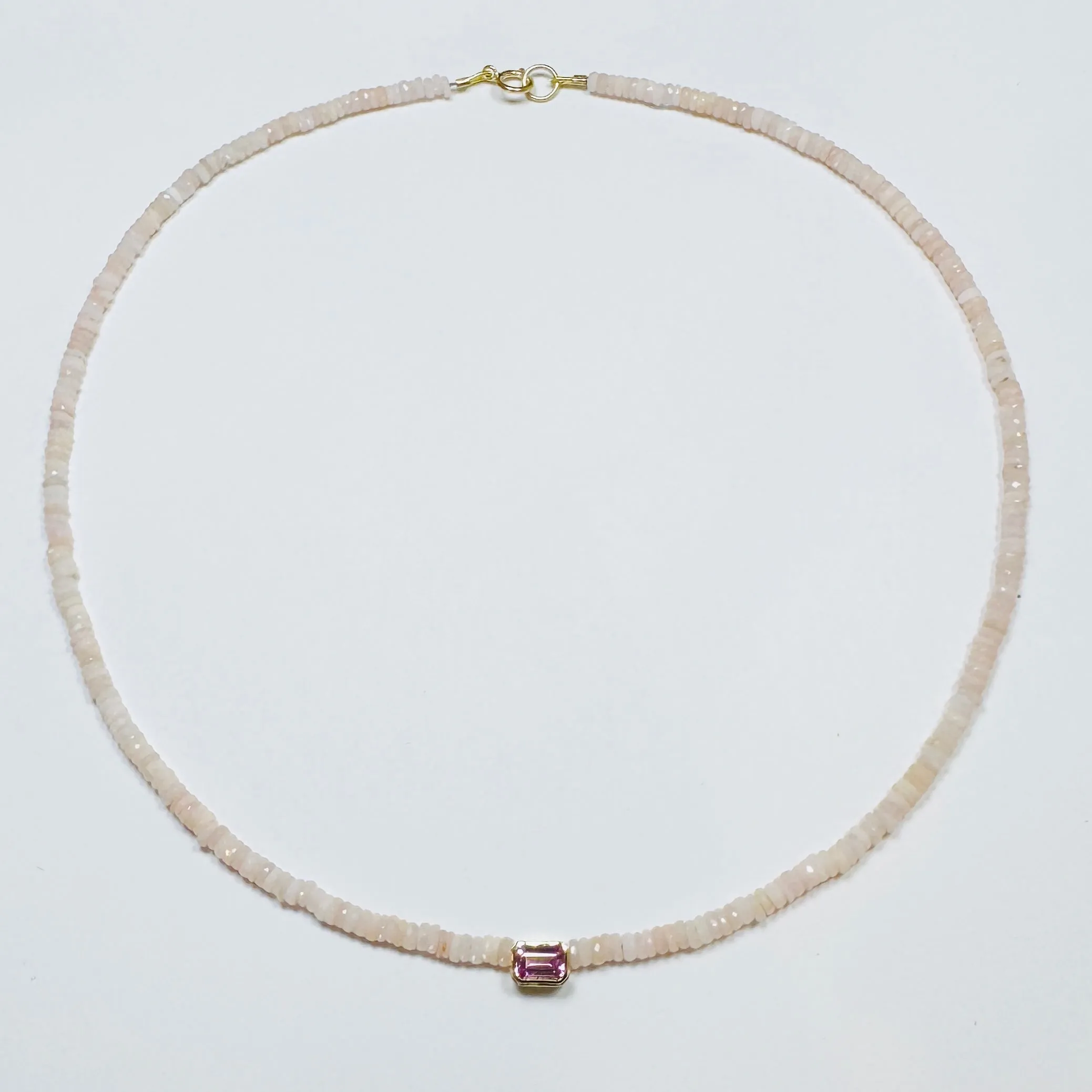 pink opal heishi necklace with bezel set pink tourmaline sold by Theodosia