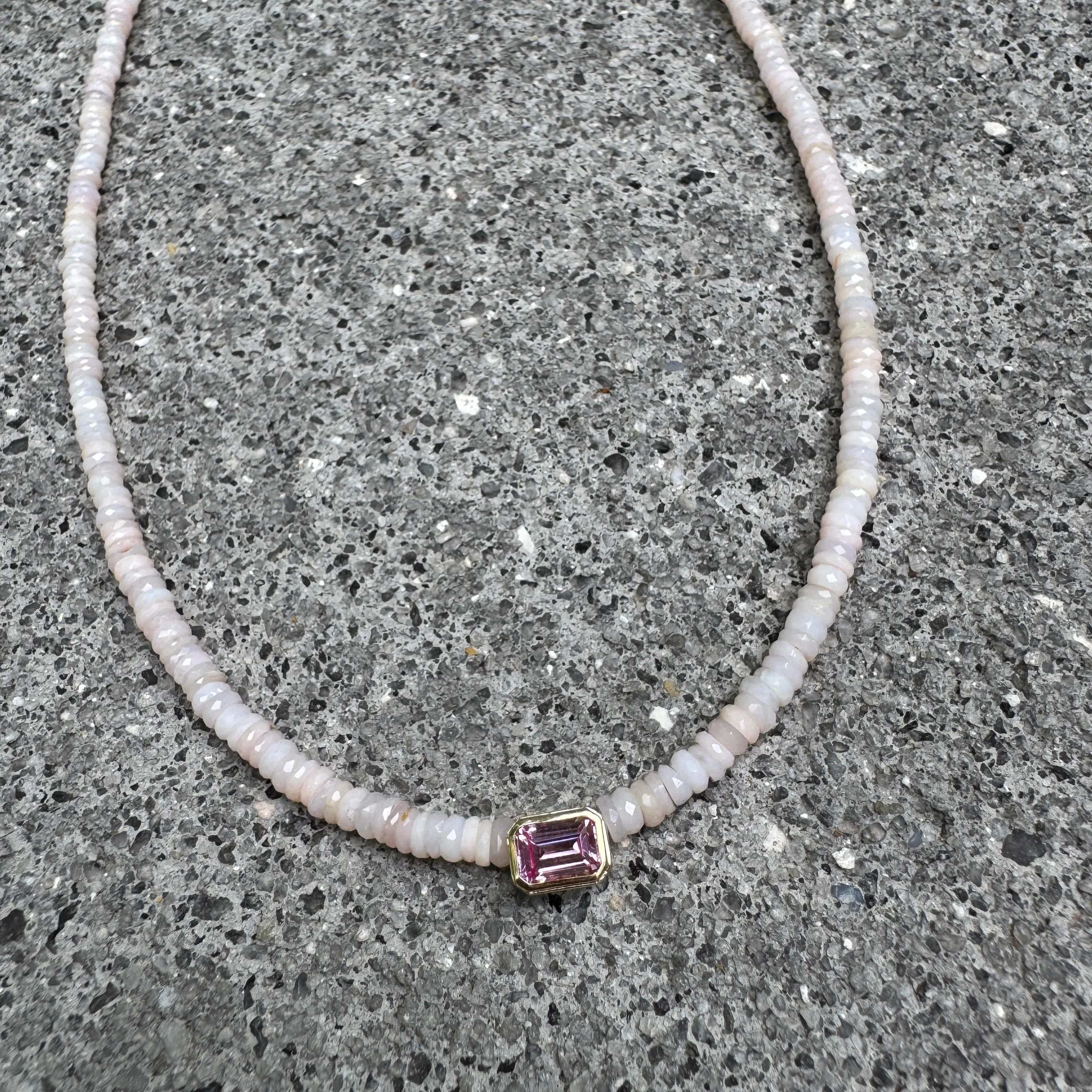 pink opal heishi necklace with bezel set pink tourmaline sold by Theodosia product image thumbnail 2