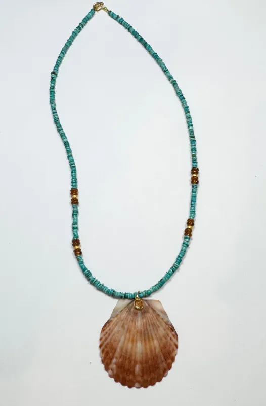 turquoise and hessonite garnet necklace with shell pendant sold by Theodosia