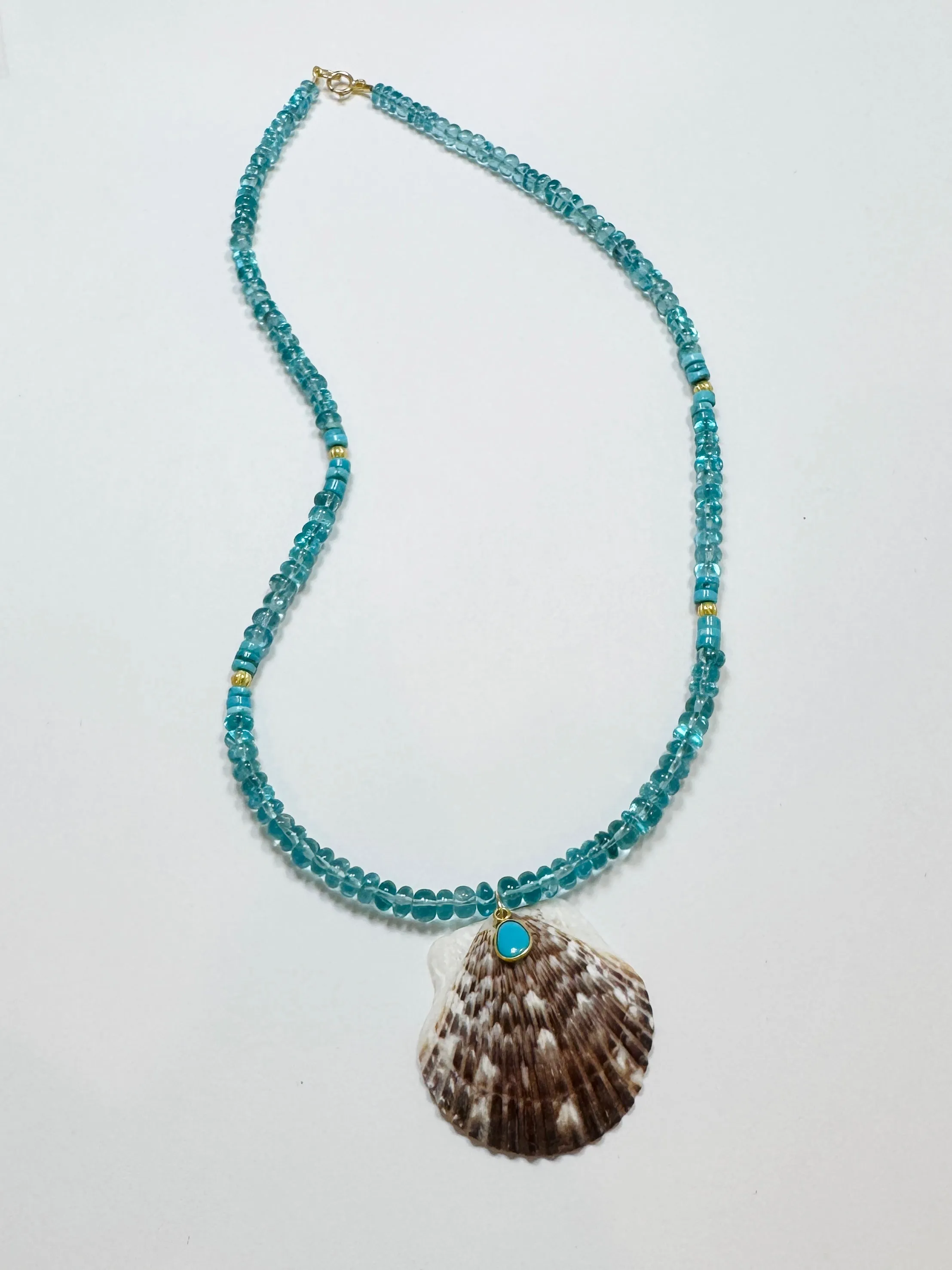 apatite and turquoise necklace with shell pendant sold by Theodosia