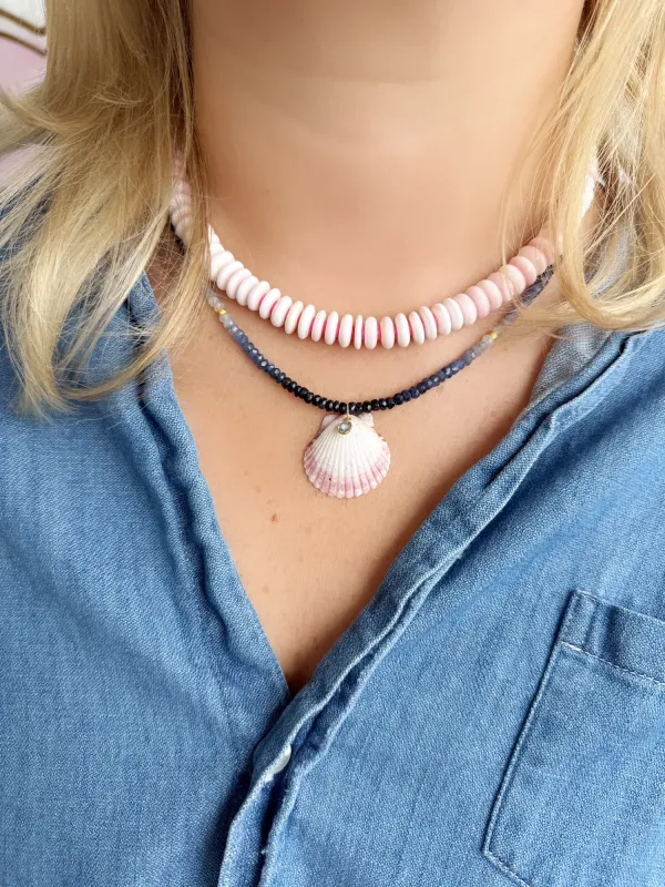 shaded blue sapphire necklace with shell pendant sold by Theodosia