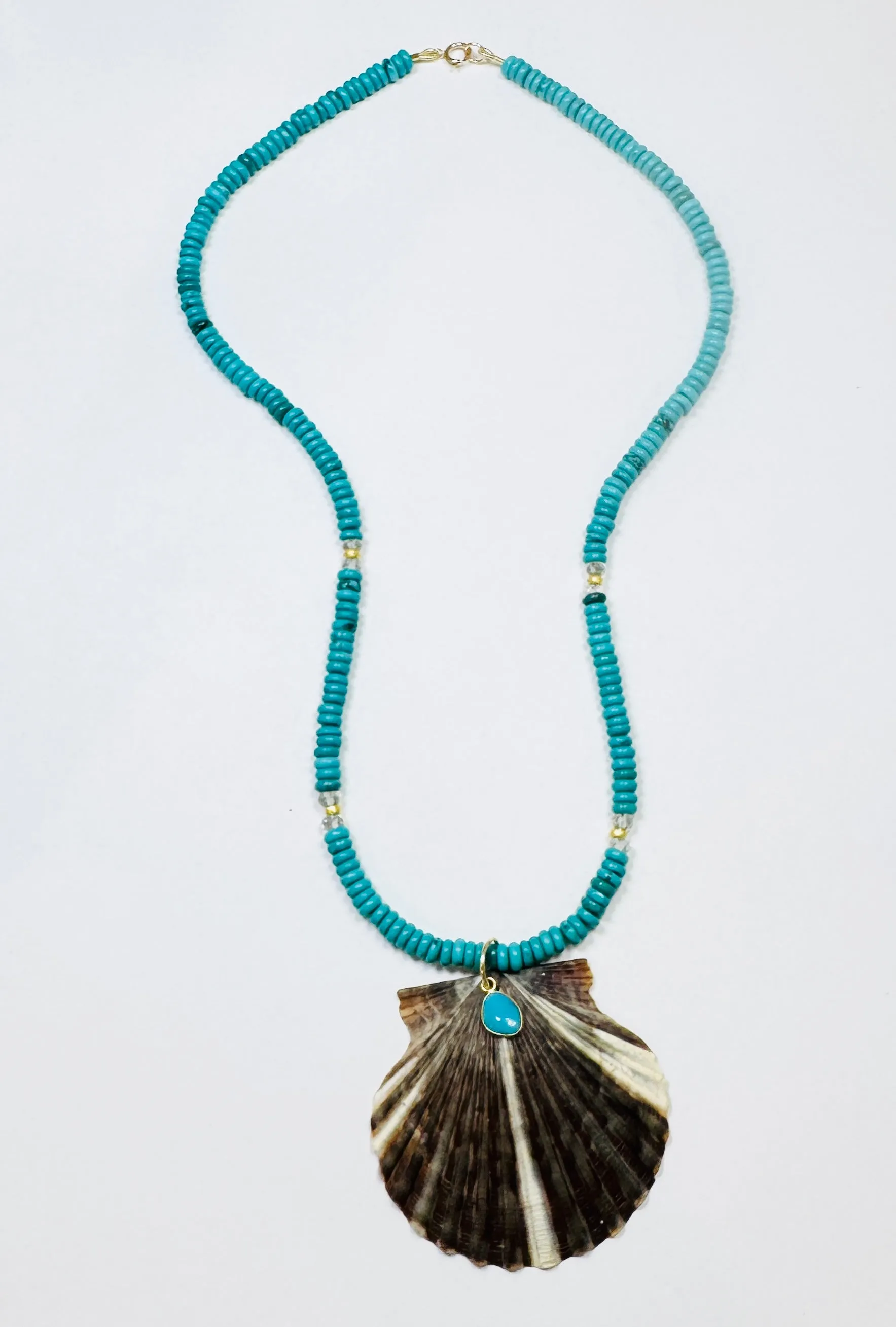 turquoise and green amethyst necklace with shell pendant sold by Theodosia