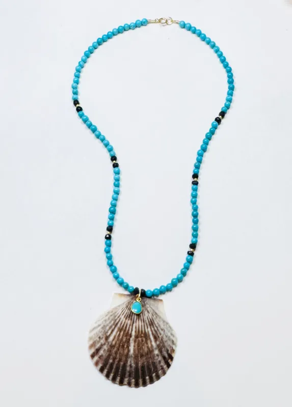 turquoise and blue sapphire necklace with shell pendant sold by Theodosia