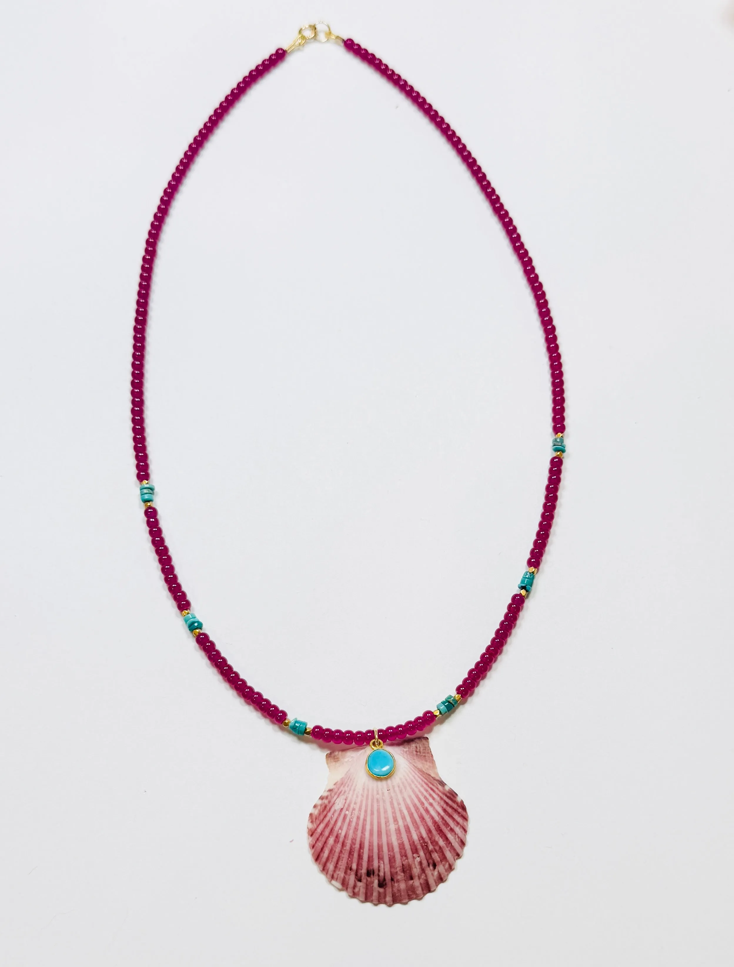CN Coral and turquoise necklace with shell pendant sold by Theodosia