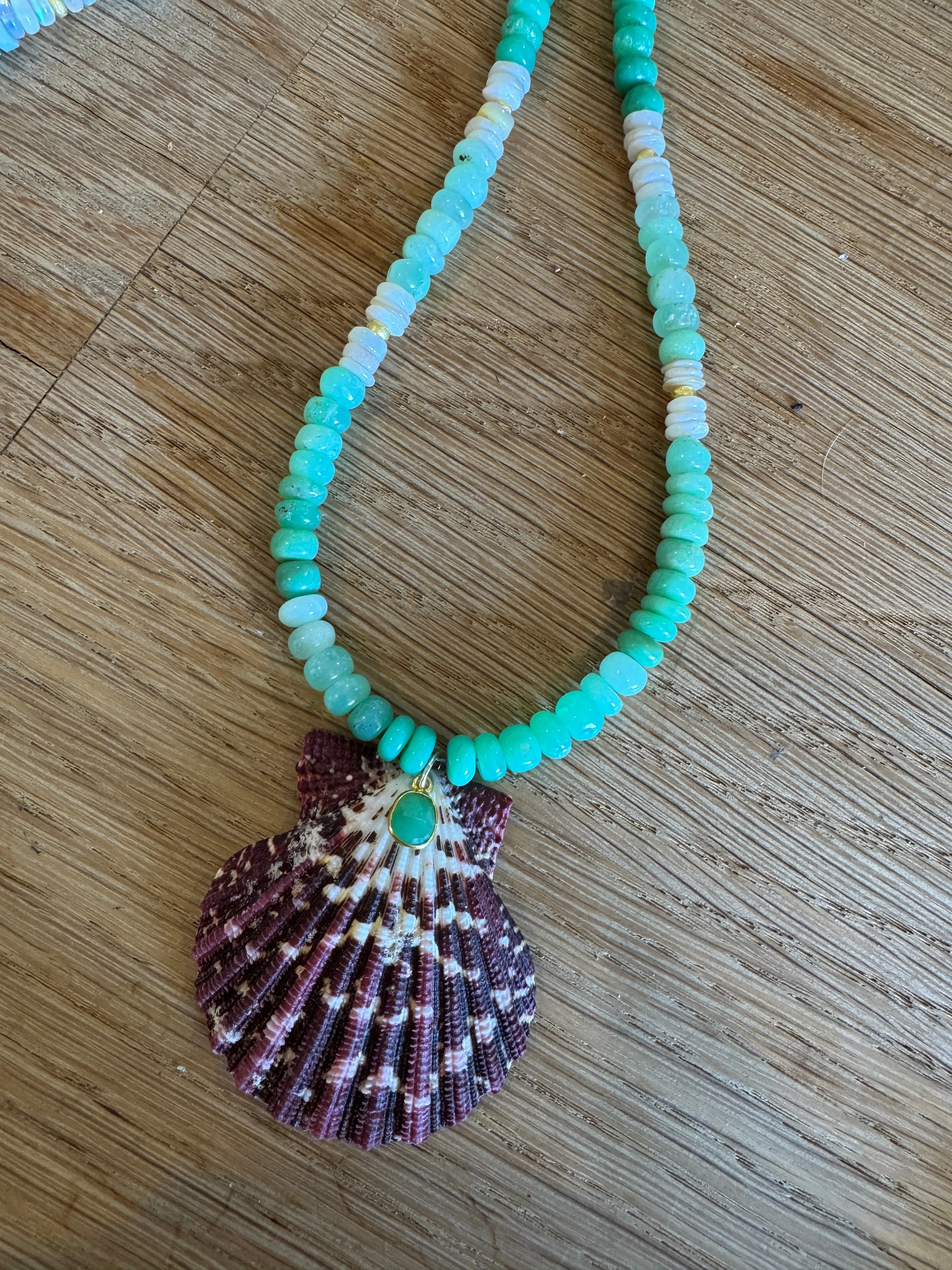 chrysoprase and opal necklace with shell pendant sold by Theodosia