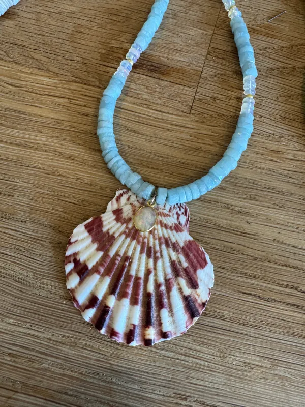 blue opal and moonstone necklace with shell pendant sold by Theodosia