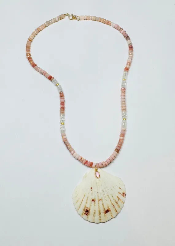 CN pink opal and moonstone necklace with shell pendant sold by Theodosia