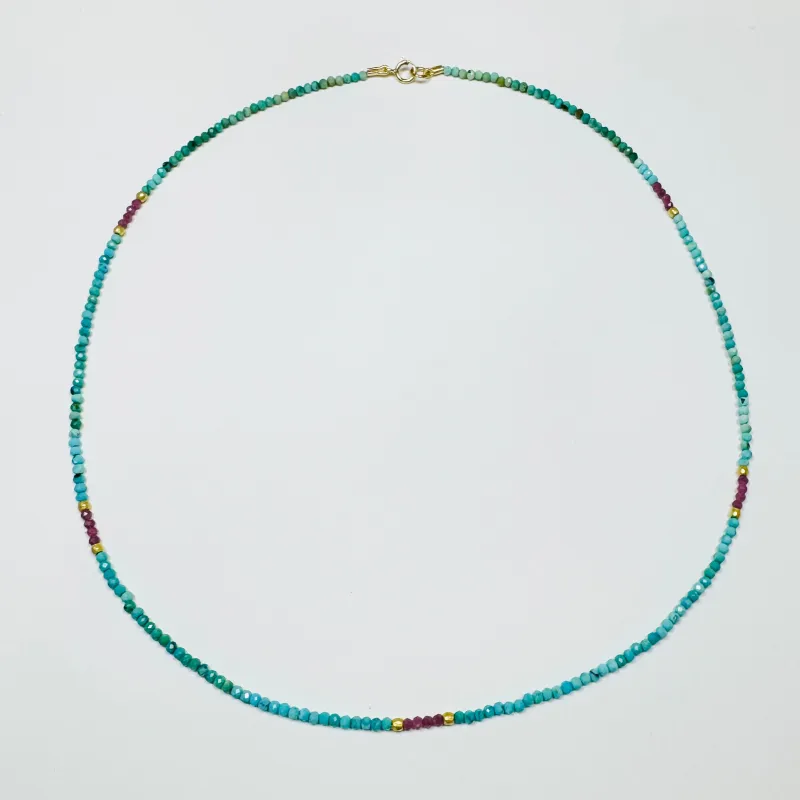 delicate shaded turquoise necklace with ruby and gold nuggets sold by Theodosia