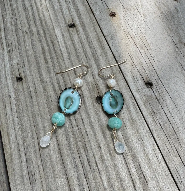 shell, amazonite, and pearl earrings sold by Theodosia