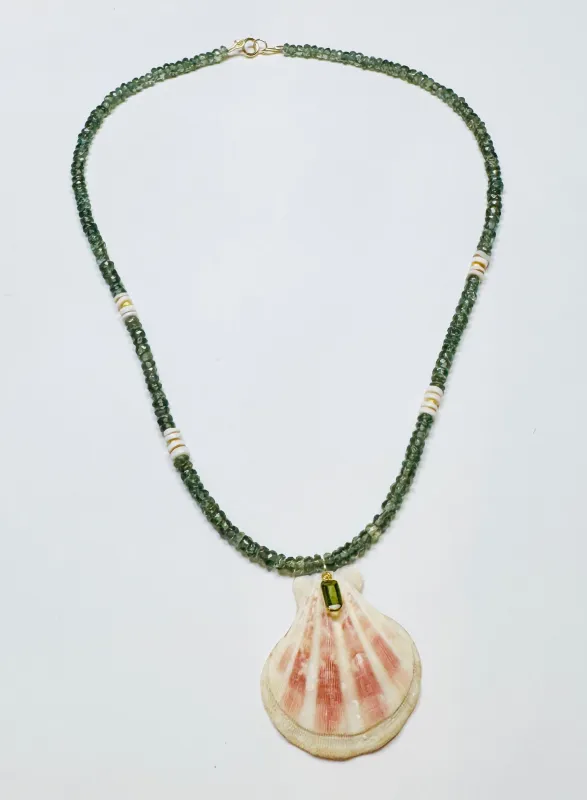 Frasier fur quartz necklace with strawberry shell pendant sold by Theodosia