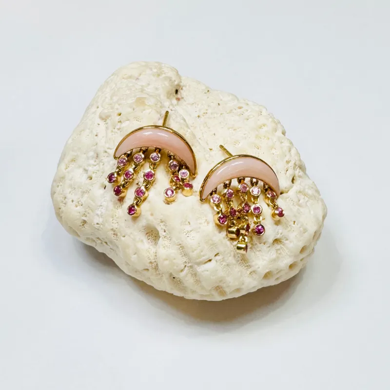 Crescent pink opal and sapphire dangle studs sold by Theodosia