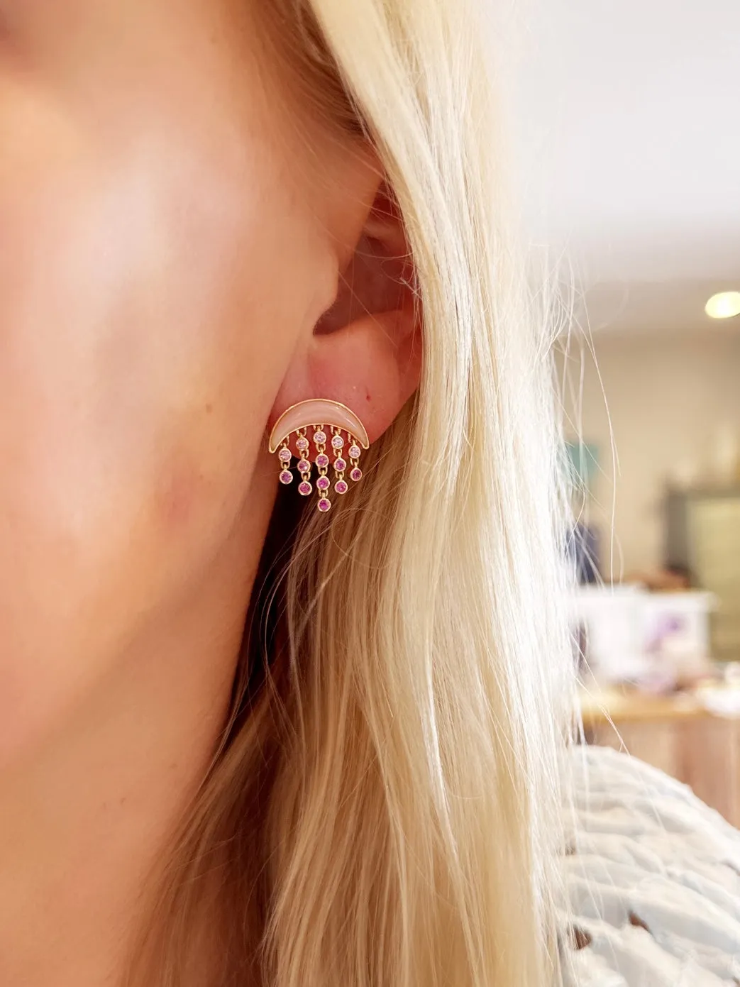 Crescent pink opal and sapphire dangle studs sold by Theodosia product image thumbnail 2