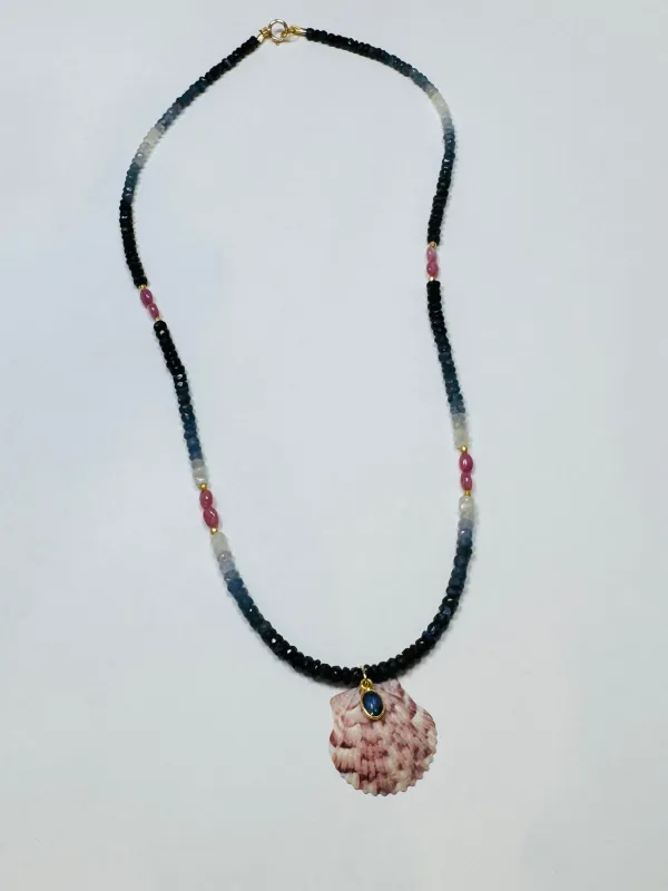shaded blue and pink sapphire necklace with shell pendant sold by Theodosia