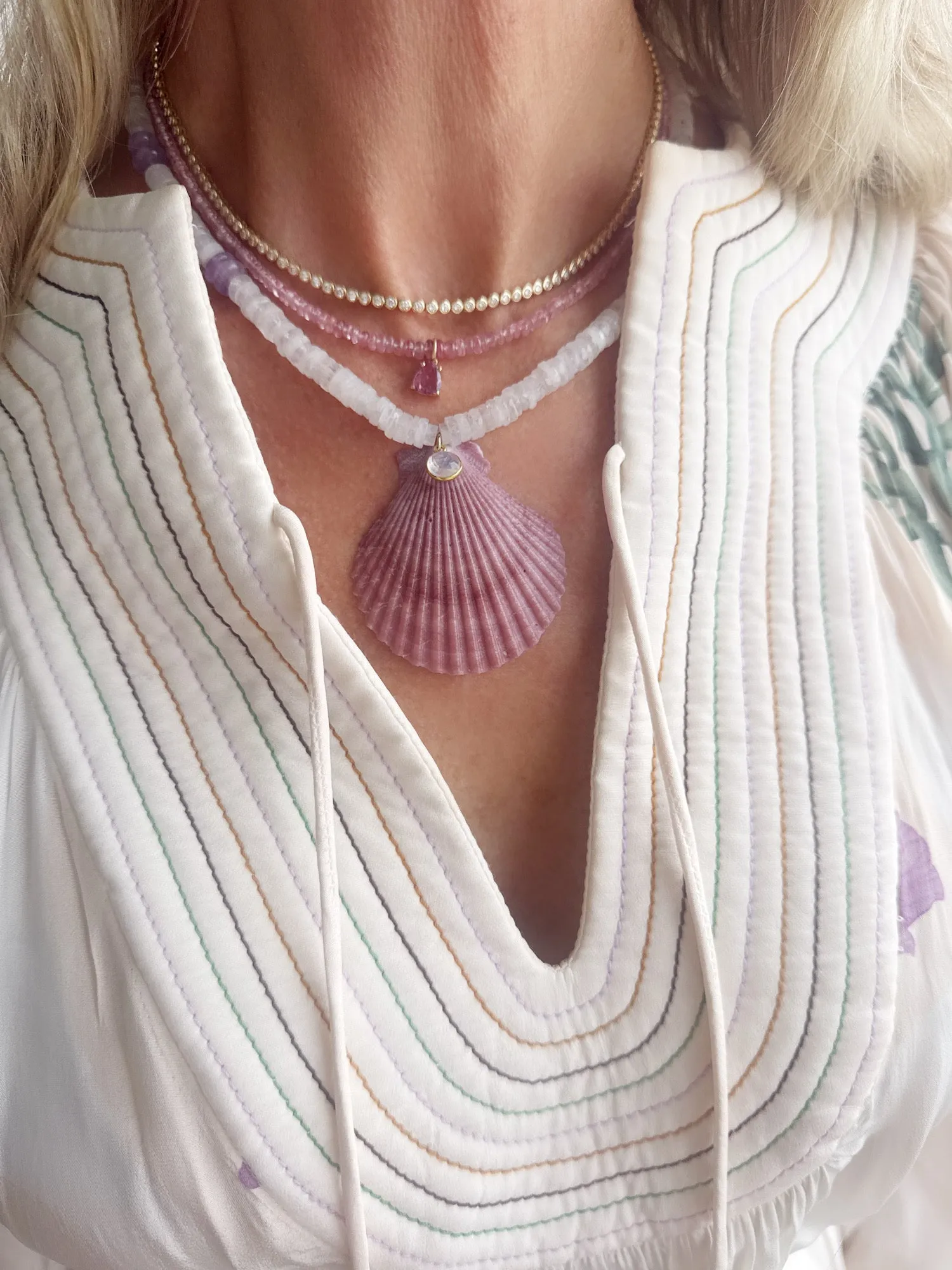 moonstone and amethyst necklace with shell pendant sold by Theodosia